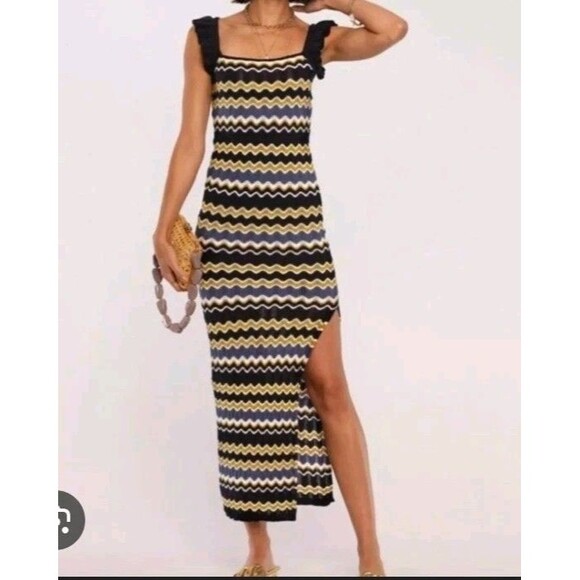 Heartloom Bennet Maxi Dress Navy Wave Chevron Pattern Ruffle Straps XSmall - Picture 1 of 9